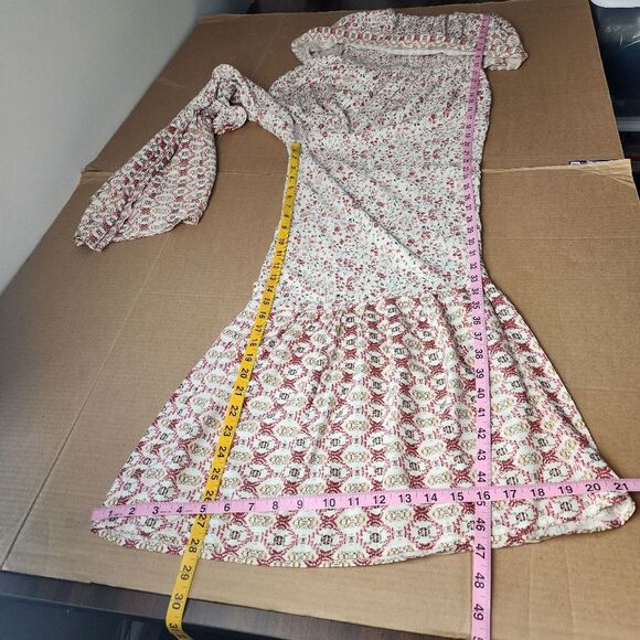 Japna Strapless Wide Leg Jumpsuit Ruffles Cream Red Floral Flare Smocked Size S - Picture 5 of 13